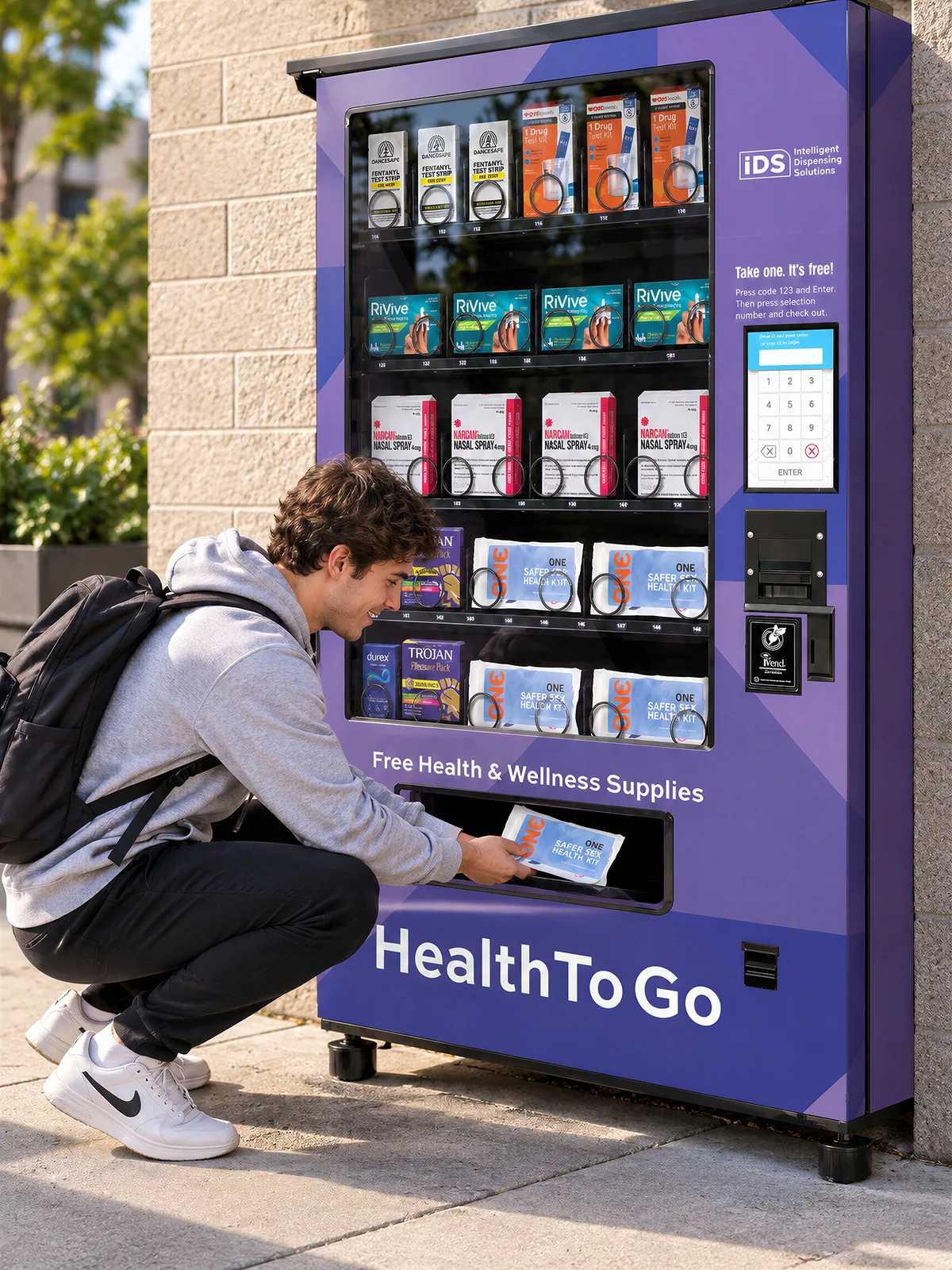College student accessing safe-sex supplies from an outdoor Health To Go vending machine