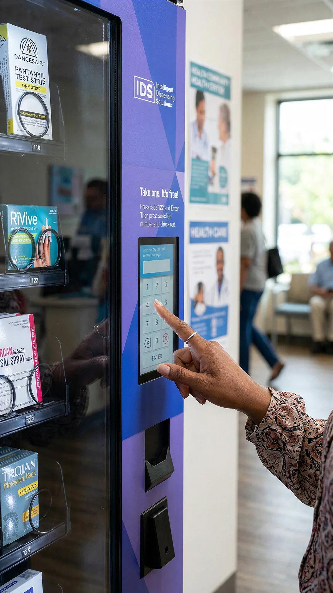 Close view of the touchscreen on a compact Health To Go vending machine