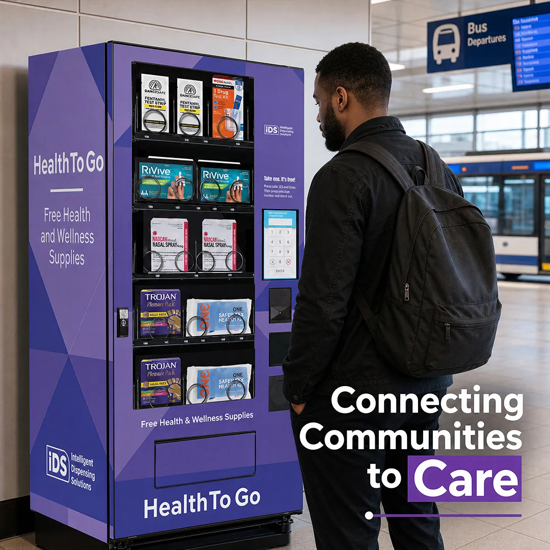Compact IDS Health To Go vending machine installed at a bus station