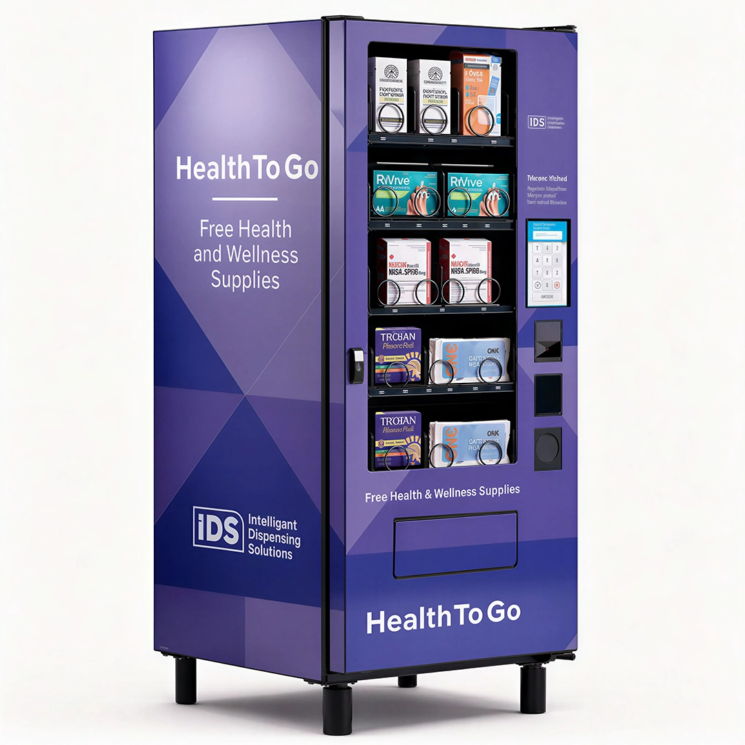 IDS compact public health harm reduction vending machine with Health To Go branding