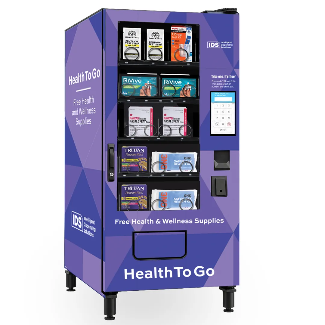 IDS compact refrigerated public health vending machine with stocked product selections