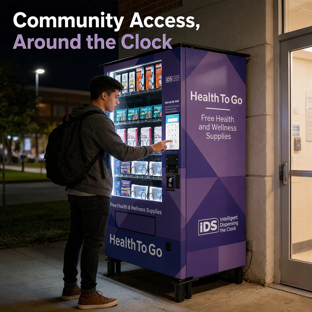 IDS high-capacity outdoor Health To Go vending machine outside a health center