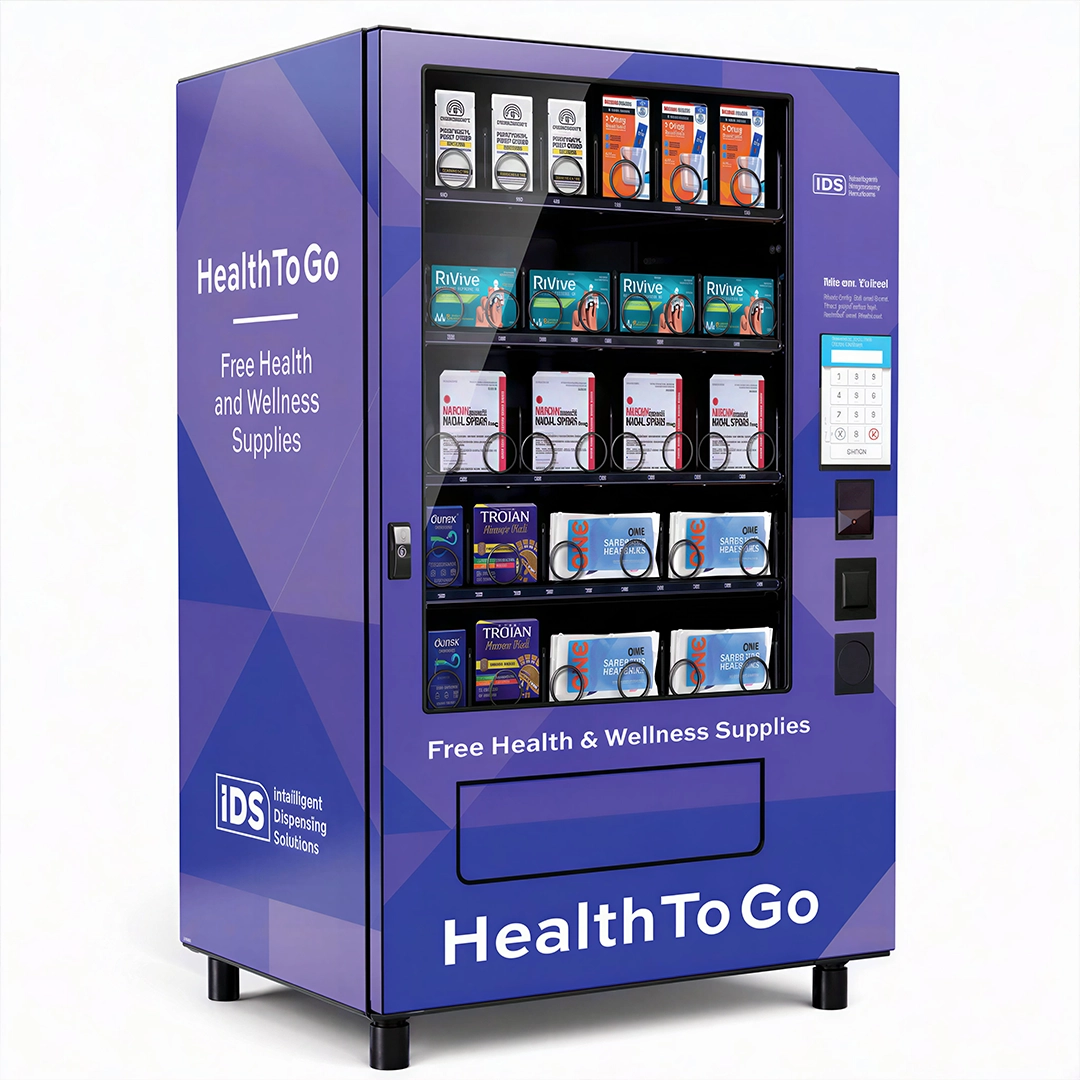 IDS high-capacity public health vending machine stocked with harm reduction supplies