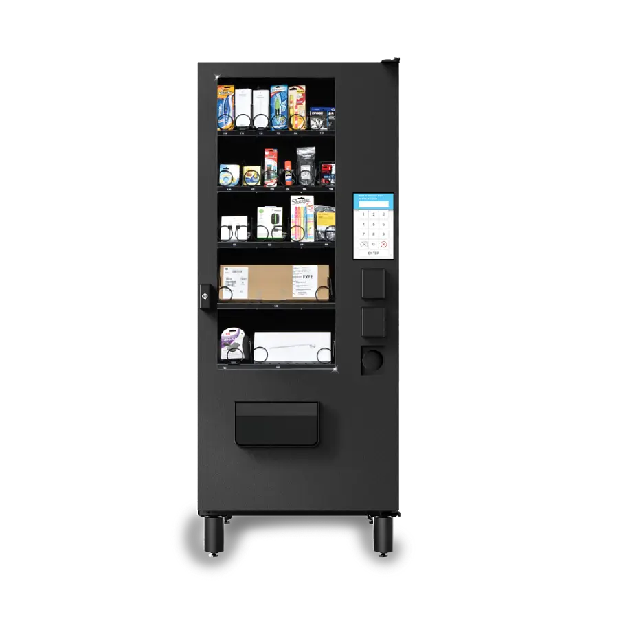 A black supply vending machine with multiple shelves displaying various tools and equipment, featuring a keypad and touchscreen for access
