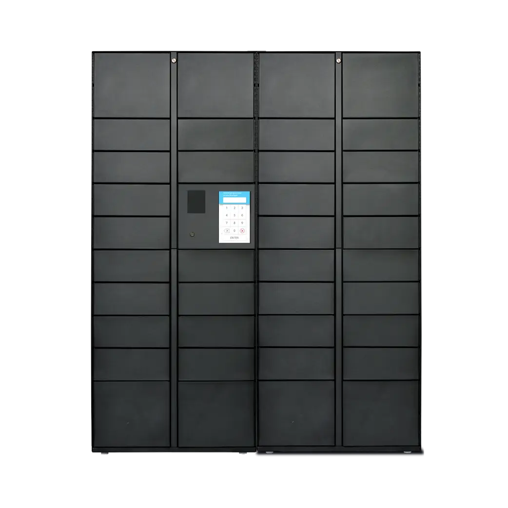 Black smart locker system with multiple compartments, touch screen, and keypad for secure inventory control and storage