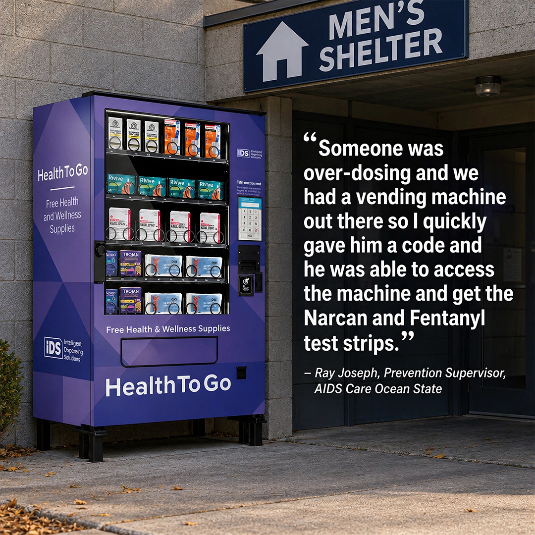 Community member shares a personal overdose prevention experience beside a Health To Go machine