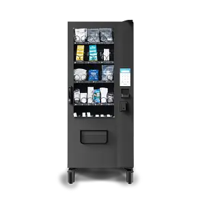 A small refrigerated vending machine with multiple shelves displaying packaged items, equipped with a touchscreen and keypad for access.
