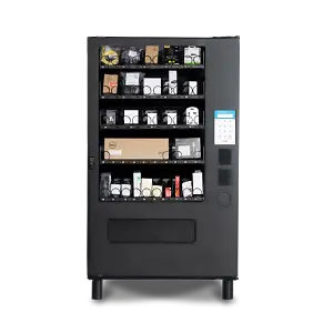 A refrigerated vending machine with multiple shelves displaying various packaged items, equipped with a touchscreen and keypad for secure access.