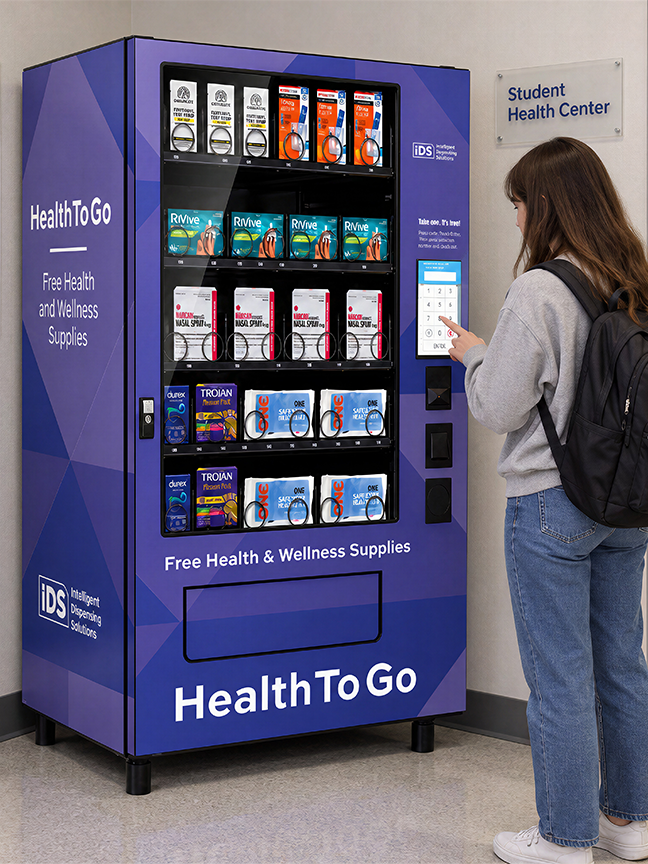 Student accessing health and harm reduction supplies from an IDS vending machine
