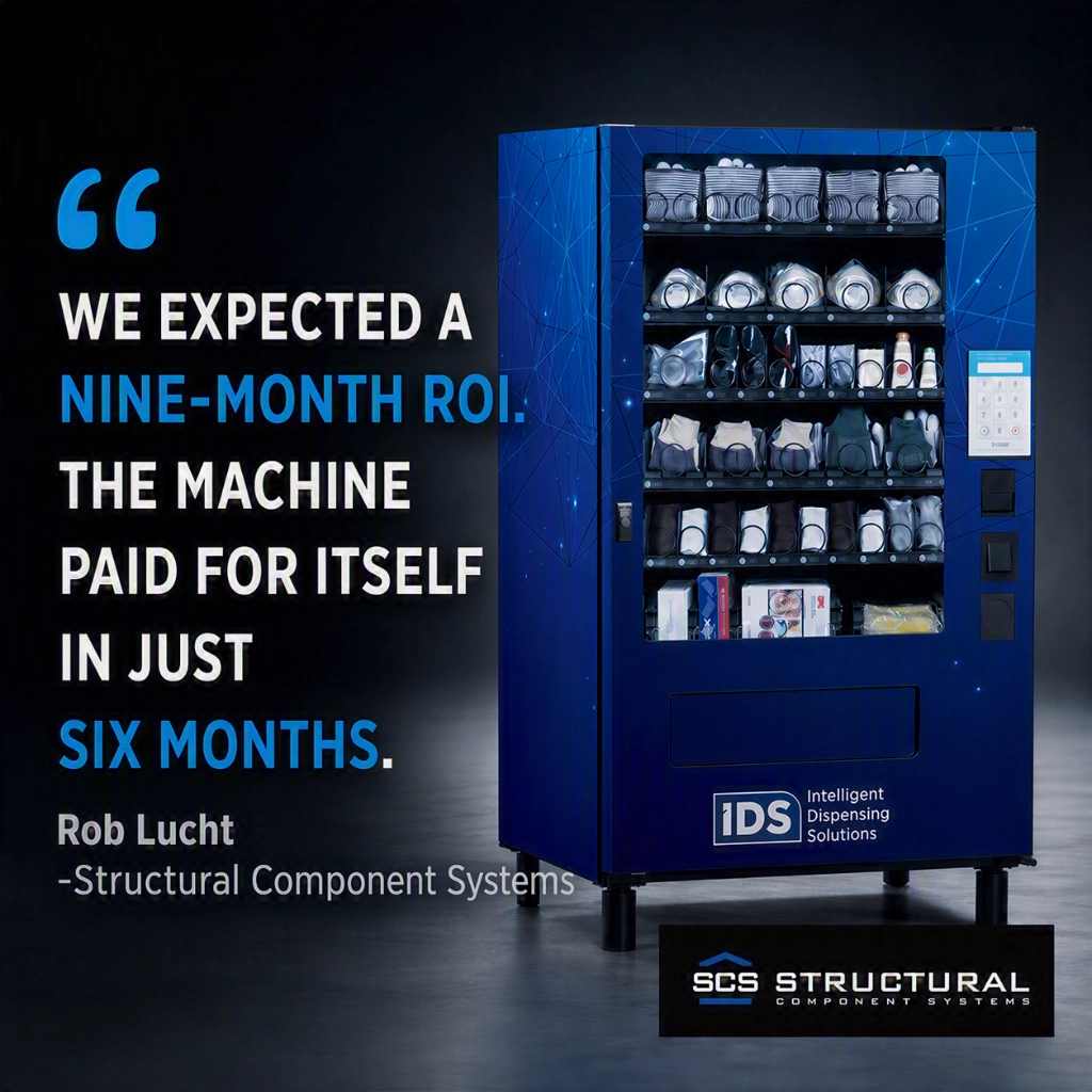 Customer testimonial featuring an IDS High-Capacity PPE vending machine