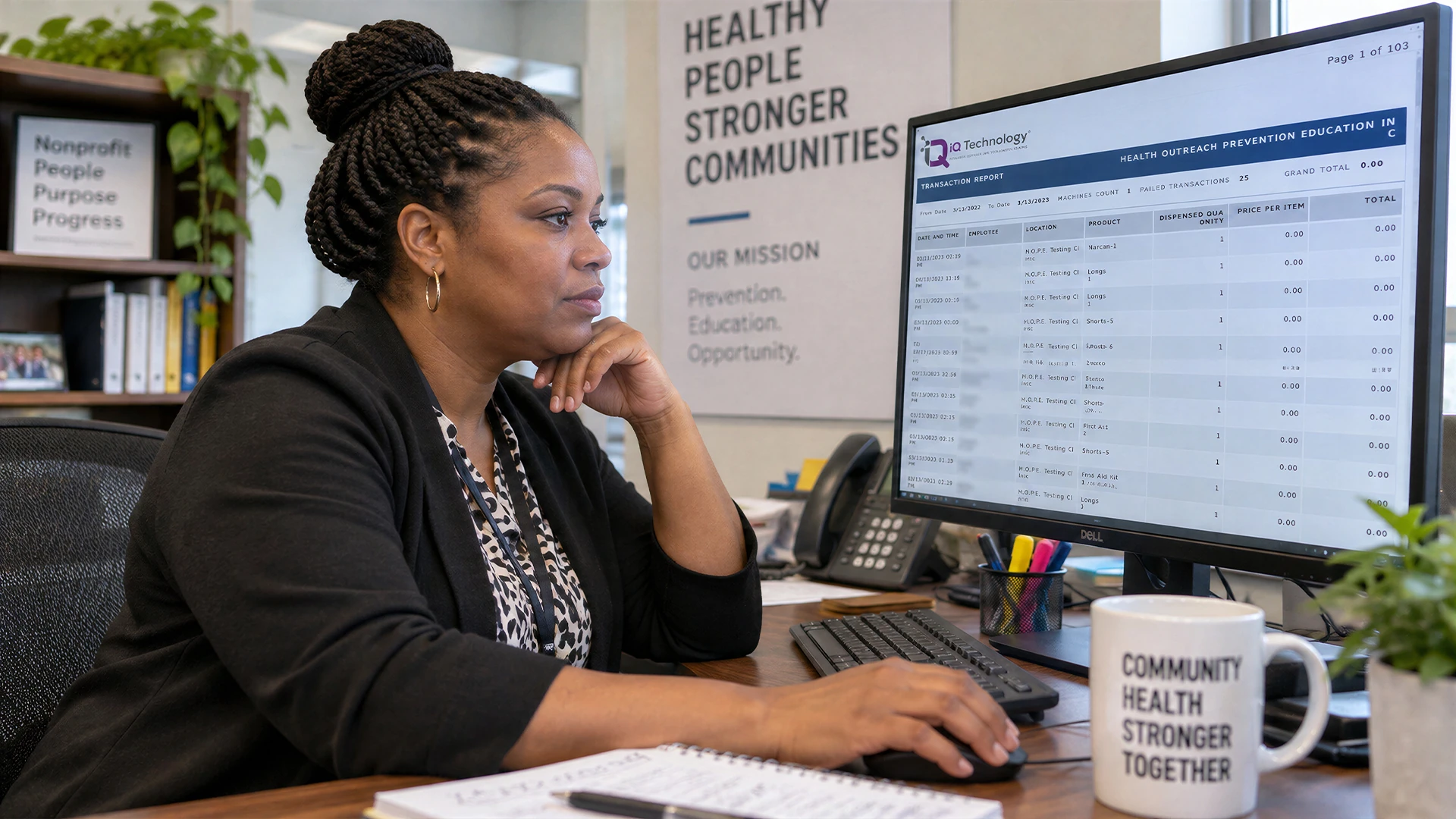 Administrator monitoring public health vending inventory and reporting software at a desk
