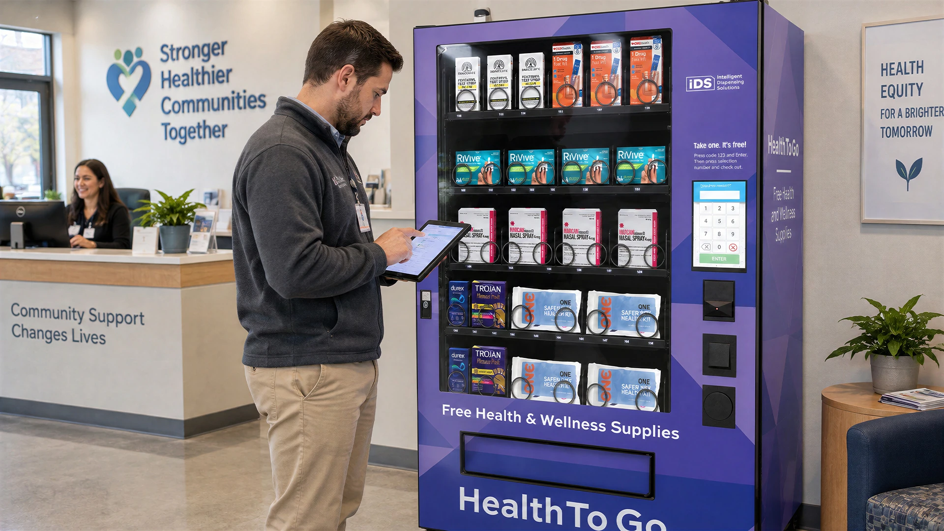 Public health staff member using a tablet beside a Health To Go vending machine