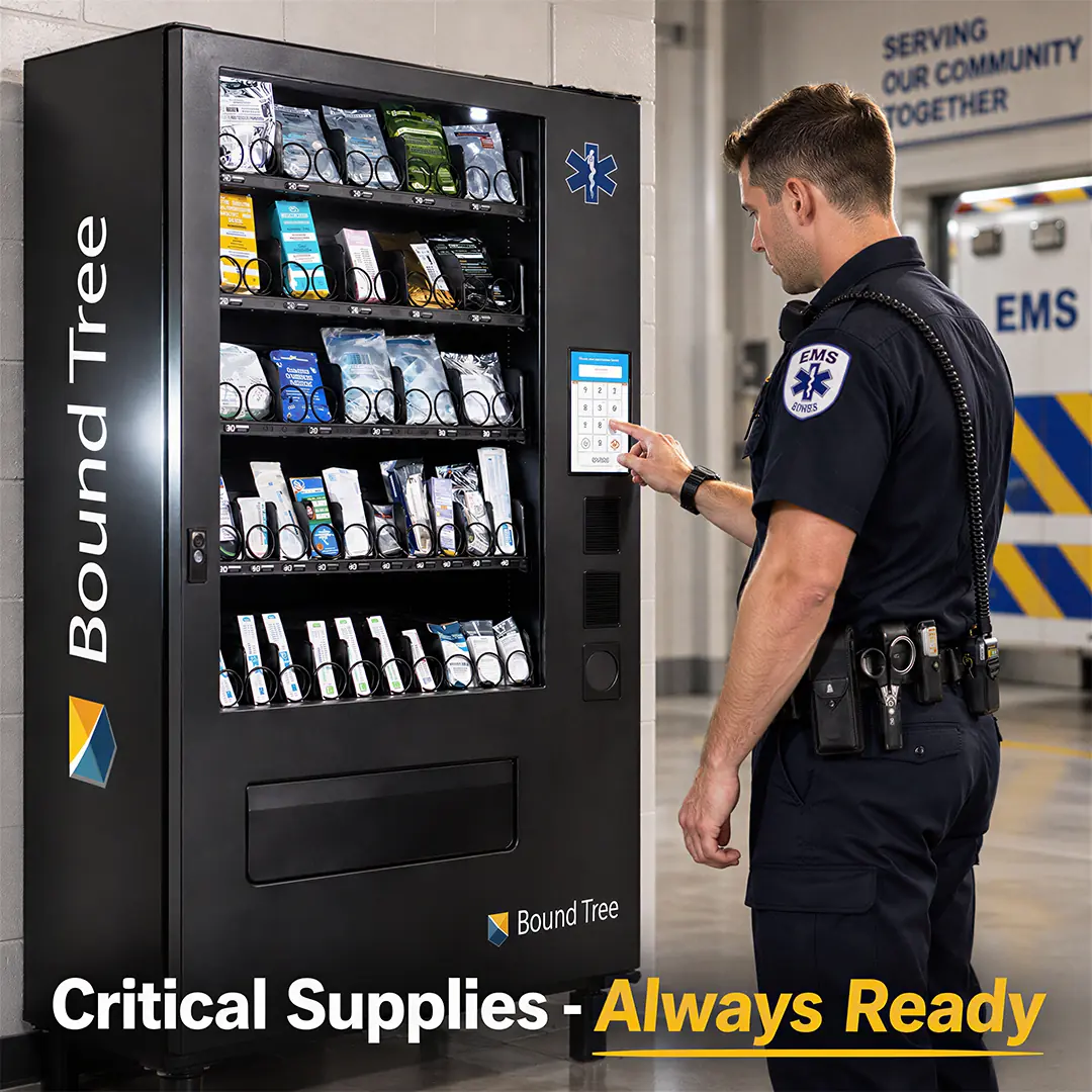 EMS professional retrieving critical supplies from a UCapIt High-Capacity vending machine